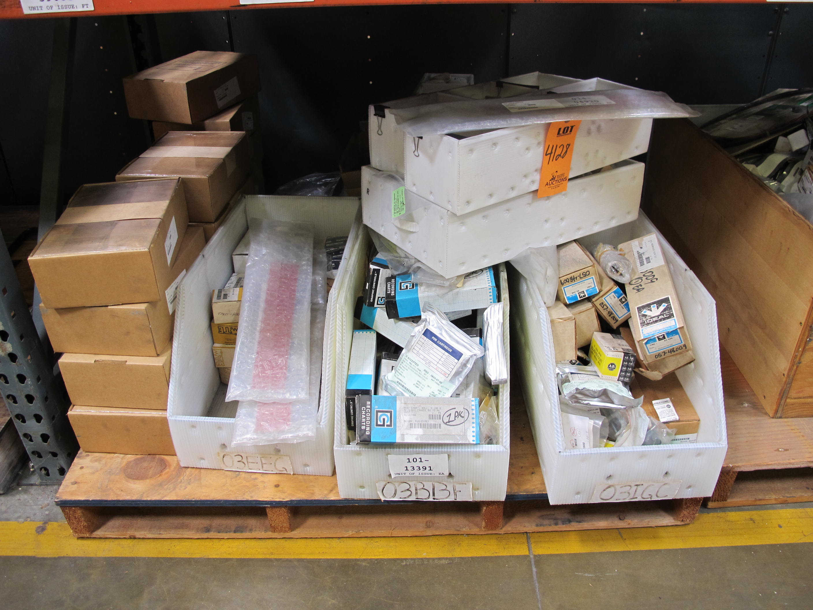 LOT TO INCLUDE: MISC. ELECTRICAL PARTS TO INCLUDE SWITCHES, RECORDING CHARTS, PLATES, RESURFACERS, PLATES, PILOT LIGHTS, ETC. . LOADING & HANDLING FEE $15-4128